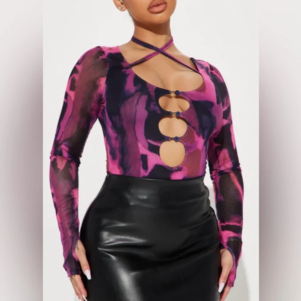 Fashion‎ Nova Nicki Mesh Bodysuit - Purple/black combo Size M - Picture 6 of 6